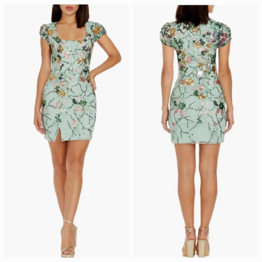 Dress the Population Jillian Mini Dress Sz 12 M L (XXL) Mint Sage Sequined Prom - Picture 2 of 13